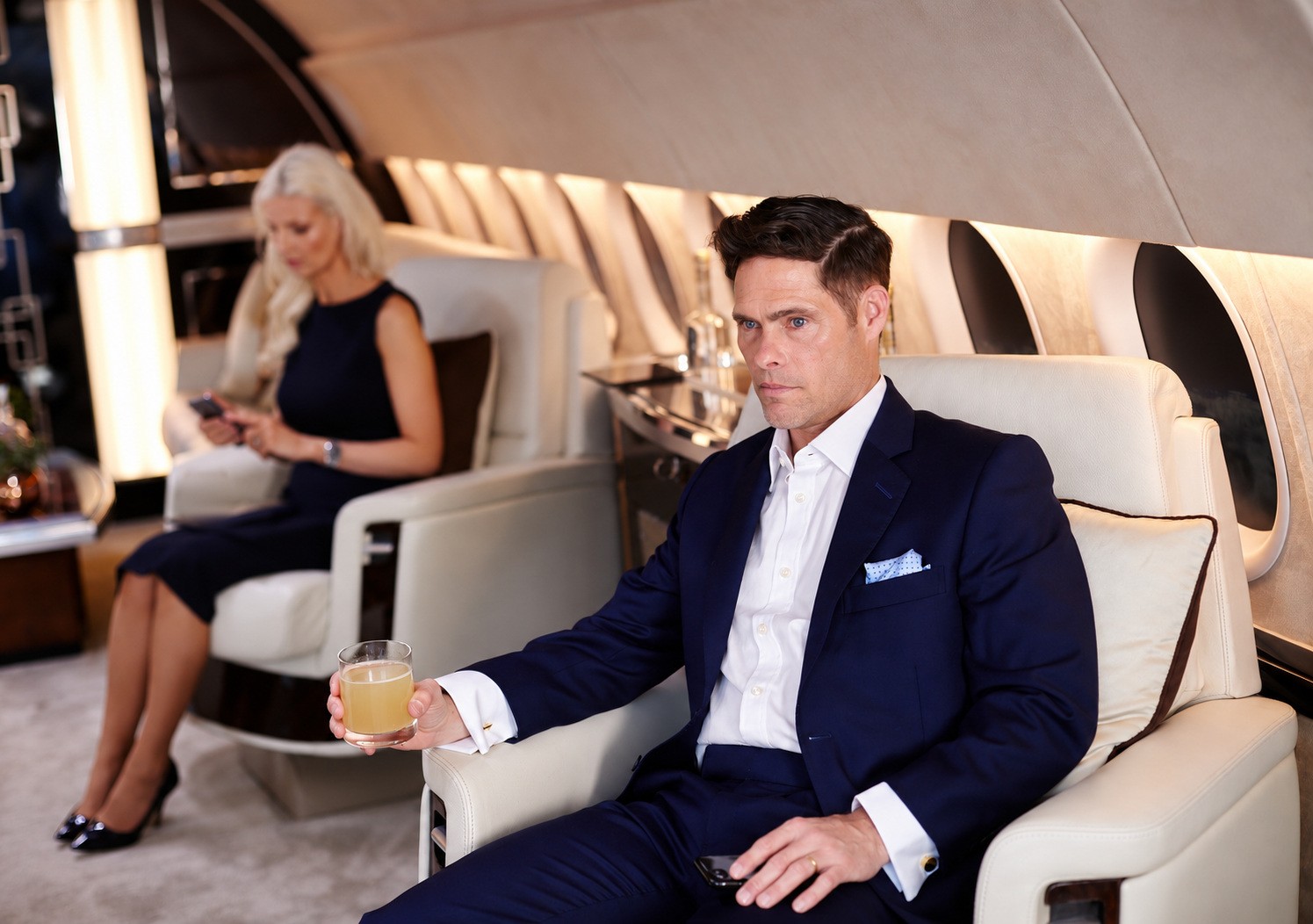 An executive travelling by private jet