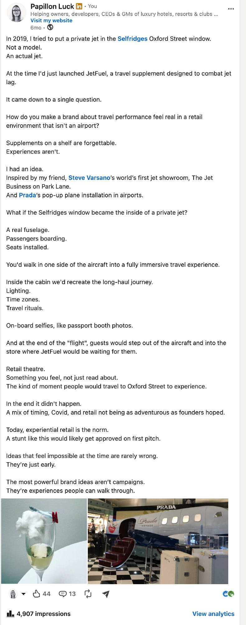 Papillon Luck on LinkedIn: In 2019, I tried to put a private jet in the Selfridges Oxford Street window